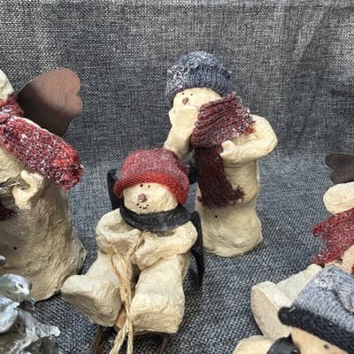 10 Pc Rustic Paper Mache Clay Look Snowman Choir Sleds Christmas Tree Figurines - Thumbnail 5