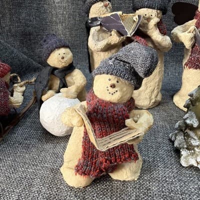 10 Pc Rustic Paper Mache Clay Look Snowman Choir Sleds Christmas Tree Figurines - Thumbnail 13