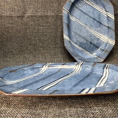 Vintage Japanese Mino Ware Ensho Kiln Ceramic Platter Pair 10” Kato Shozan Blue - Thumbnail 3