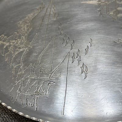 Aluminum Serving Tray Metal Asian Landscape Engraved Bonsai Trees Birds Vintage - Thumbnail 6
