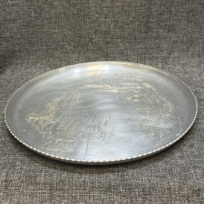 Aluminum Serving Tray Metal Asian Landscape Engraved Bonsai Trees Birds Vintage - Thumbnail 5