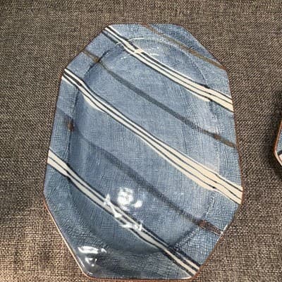 Vintage Japanese Mino Ware Ensho Kiln Ceramic Platter Pair 10” Kato Shozan Blue - Thumbnail 11