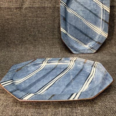 Vintage Japanese Mino Ware Ensho Kiln Ceramic Platter Pair 10” Kato Shozan Blue - Thumbnail 2