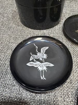 Vintage Japan Air Lines Coasters Black Lacquer Gold Silver Cranes Box Set of 6 - Thumbnail 2