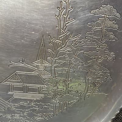 Aluminum Serving Tray Metal Asian Landscape Engraved Bonsai Trees Birds Vintage - Thumbnail 2
