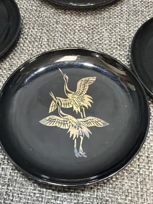 Vintage Japan Air Lines Coasters Black Lacquer Gold Silver Cranes Box Set of 6 - Thumbnail 7