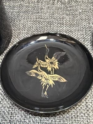 Vintage Japan Air Lines Coasters Black Lacquer Gold Silver Cranes Box Set of 6 - Thumbnail 3
