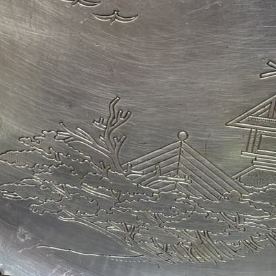 Aluminum Serving Tray Metal Asian Landscape Engraved Bonsai Trees Birds Vintage - Thumbnail 4