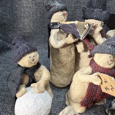 10 Pc Rustic Paper Mache Clay Look Snowman Choir Sleds Christmas Tree Figurines - Thumbnail 8