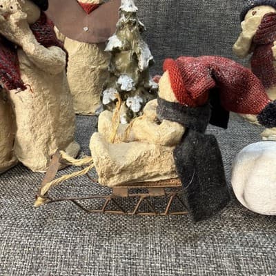 10 Pc Rustic Paper Mache Clay Look Snowman Choir Sleds Christmas Tree Figurines - Thumbnail 19