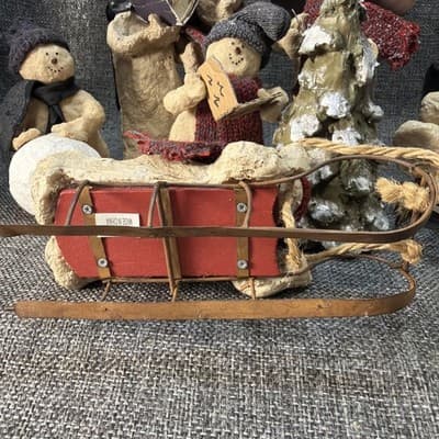 10 Pc Rustic Paper Mache Clay Look Snowman Choir Sleds Christmas Tree Figurines - Thumbnail 10