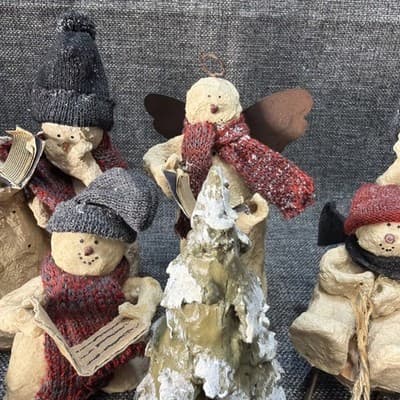 10 Pc Rustic Paper Mache Clay Look Snowman Choir Sleds Christmas Tree Figurines - Thumbnail 6
