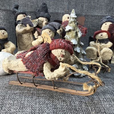 10 Pc Rustic Paper Mache Clay Look Snowman Choir Sleds Christmas Tree Figurines - Thumbnail 9