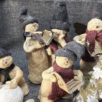 10 Pc Rustic Paper Mache Clay Look Snowman Choir Sleds Christmas Tree Figurines - Thumbnail 7
