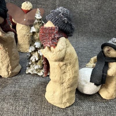 10 Pc Rustic Paper Mache Clay Look Snowman Choir Sleds Christmas Tree Figurines - Thumbnail 22