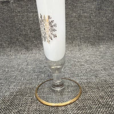 MCM Frosted Milk Glass Trumpet Vase Gold Medallion Snowflake Ruffled Rim 10” - Thumbnail 2