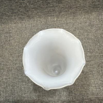 MCM Frosted Milk Glass Trumpet Vase Gold Medallion Snowflake Ruffled Rim 10” - Thumbnail 5