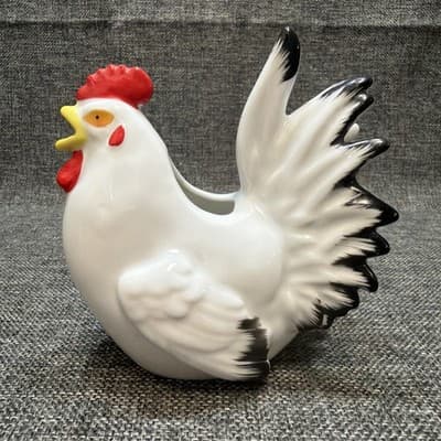 Taitu Chicken Rooster Porcelain Creamer White Red Black Trim Japan Farmhouse - Thumbnail 3