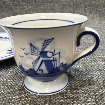 Vtg Delft Blue Hand Painted Windmill Floral Demitasse Coffee Tea Cup Saucer Sm. - Thumbnail 5