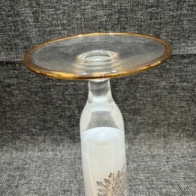 MCM Frosted Milk Glass Trumpet Vase Gold Medallion Snowflake Ruffled Rim 10” - Thumbnail 13