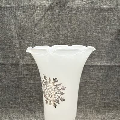 MCM Frosted Milk Glass Trumpet Vase Gold Medallion Snowflake Ruffled Rim 10” - Thumbnail 6