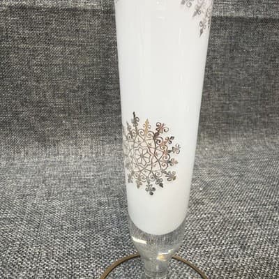 MCM Frosted Milk Glass Trumpet Vase Gold Medallion Snowflake Ruffled Rim 10” - Thumbnail 3