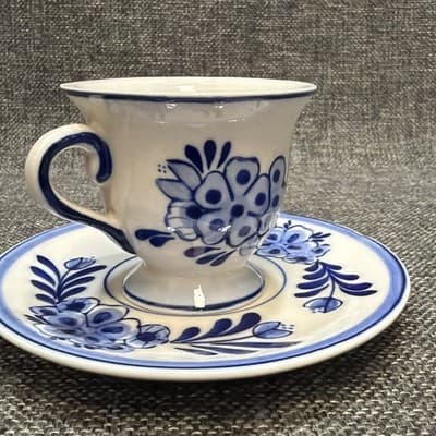 Vtg Delft Blue Hand Painted Windmill Floral Demitasse Coffee Tea Cup Saucer Sm. - Thumbnail 2