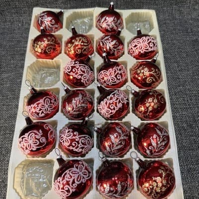 Lot 20 Vintage Glass Glitter Christmas Balls Ornaments 1 1/2" Box Red White Gold - Thumbnail 2