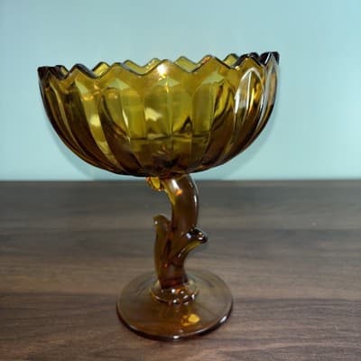 Set Of Indiana Glass Tulip Amber Glass Compote/ Pedestal Bowl 7.5" Or Candle VTG - Thumbnail 7