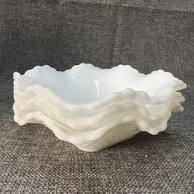 VTG Set 3 Milk Glass Ruffled Edge Diamond Cut Candy Trinket Dish Anchor Hocking - Thumbnail 13