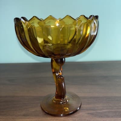 Set Of Indiana Glass Tulip Amber Glass Compote/ Pedestal Bowl 7.5" Or Candle VTG - Thumbnail 5
