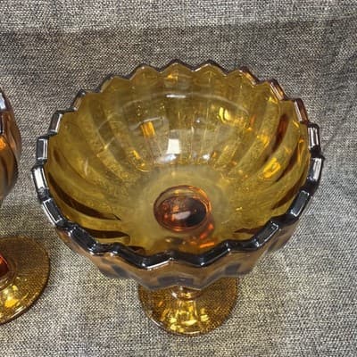 Set Of Indiana Glass Tulip Amber Glass Compote/ Pedestal Bowl 7.5" Or Candle VTG - Thumbnail 16