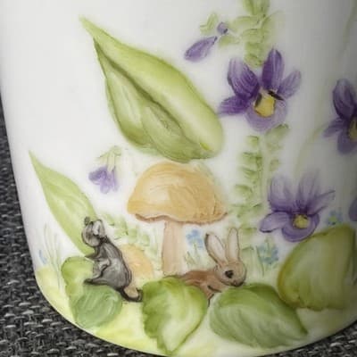 Vintage Hand Painted Porcelain Woodland Mug Signed P Walter Mushroom Bunny Gold - Thumbnail 2
