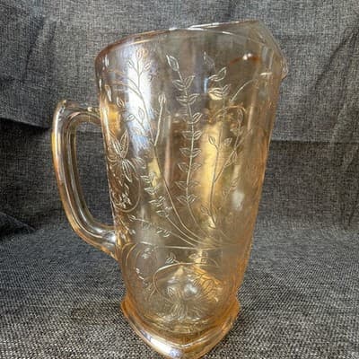 VINTAGE JEANNETTE GLASS Carnival Floragold Louisa Iridescent Pitcher 64oz 9” - Thumbnail 6