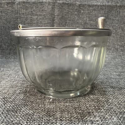 Glass Flip Top Metal Lid Restaurant Sugar Bowl Bloomfield Chicago Illinois VTG - Thumbnail 2