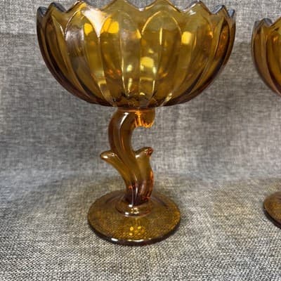 Set Of Indiana Glass Tulip Amber Glass Compote/ Pedestal Bowl 7.5" Or Candle VTG - Thumbnail 14