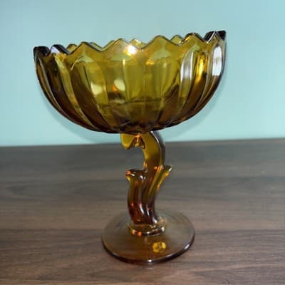 Set Of Indiana Glass Tulip Amber Glass Compote/ Pedestal Bowl 7.5" Or Candle VTG - Thumbnail 6