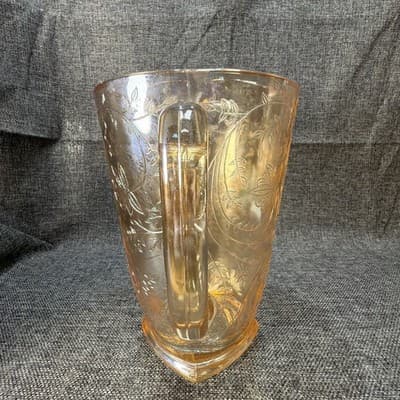 VINTAGE JEANNETTE GLASS Carnival Floragold Louisa Iridescent Pitcher 64oz 9” - Thumbnail 9