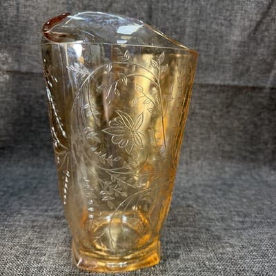 VINTAGE JEANNETTE GLASS Carnival Floragold Louisa Iridescent Pitcher 64oz 9” - Thumbnail 2