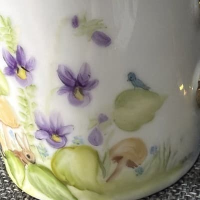 Vintage Hand Painted Porcelain Woodland Mug Signed P Walter Mushroom Bunny Gold - Thumbnail 3