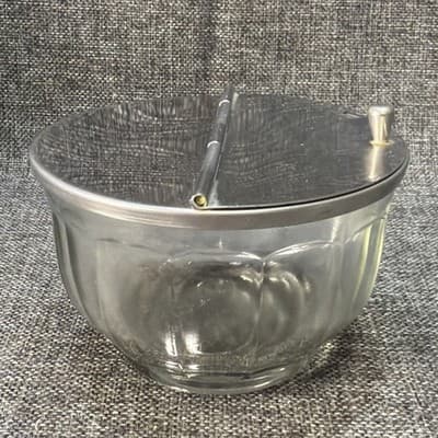 Glass Flip Top Metal Lid Restaurant Sugar Bowl Bloomfield Chicago Illinois VTG - Thumbnail 9