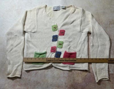 Vintage Ann Trinity Art To Wear Color Block Cardigan Sweater Cream Womens Small - Thumbnail 4
