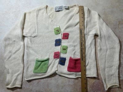 Vintage Ann Trinity Art To Wear Color Block Cardigan Sweater Cream Womens Small - Thumbnail 3