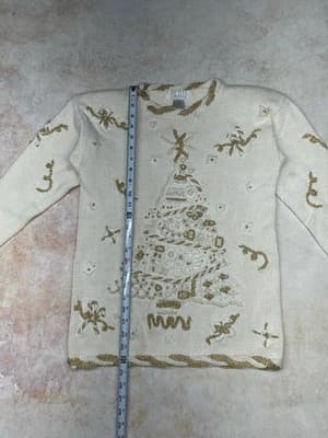 Long Vintage 1990's Pullover Christmas Tree Sweater Gold and Cream Small XS - Thumbnail 4