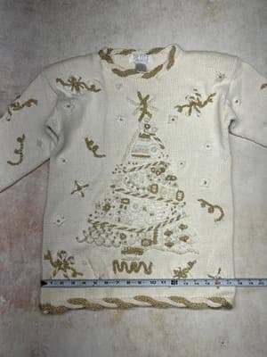 Long Vintage 1990's Pullover Christmas Tree Sweater Gold and Cream Small XS - Thumbnail 7