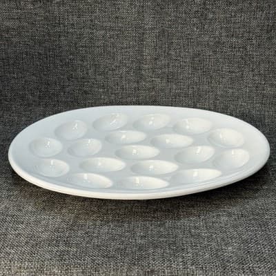 White Porcelain Large Oval Deviled Egg Plate Dish - Holds 18 Eggs Speckled - Thumbnail 6