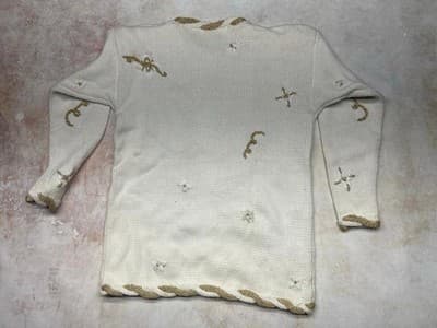 Long Vintage 1990's Pullover Christmas Tree Sweater Gold and Cream Small XS - Thumbnail 2