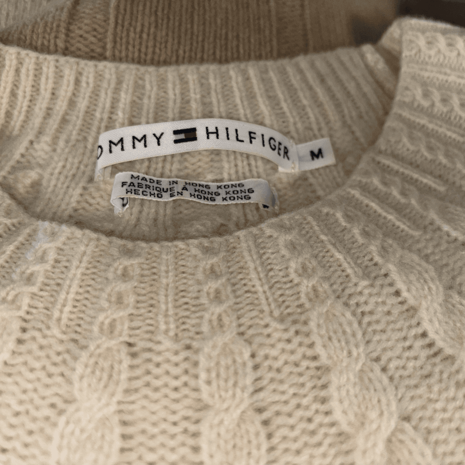 TOMMY HILFIGER Womens M Jumper Sweater Lambs Wool Beige Cream Light Weight - Thumbnail 3