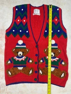 Womens Bears in Sweaters Vest Size S M Vintage Marisa Christina Christmas Red - Thumbnail 5
