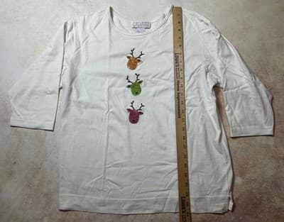 Vintage Casey Coleman 3/4 Sleeve White with Colorful Reindeer Top Women's Small - Thumbnail 4